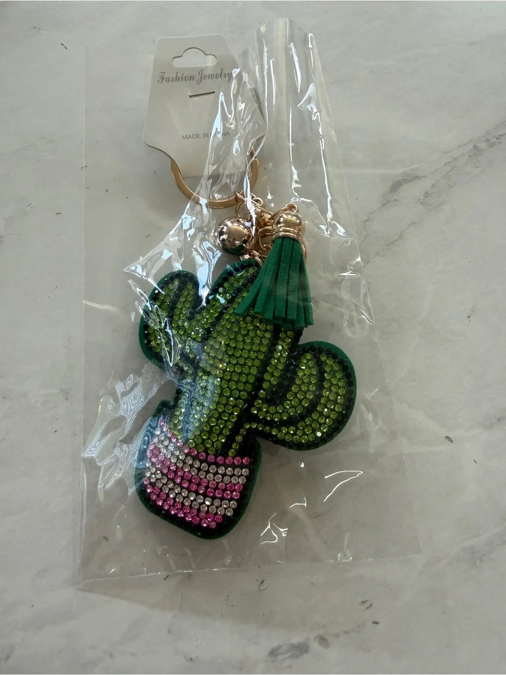 Green Cactus Crystal Tassel Keychain - Women's Accessories